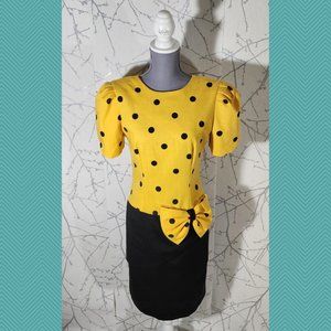 Algo Vintage Artsy Bright Yellow Polkadot Big Bow Sheath Dress Teacher